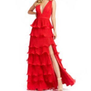 Mac Duggal Sleeveless Ruffle Tiered V Neck Gown (red)